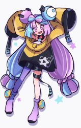 Rule 34 | 1girl, :d, arms up, black shorts, blue hair, boots, character hair ornament, commentary request, creatures (company), full body, game freak, hair ornament, highres, hiisu (s-1104-d), iono (pokemon), jacket, long hair, nintendo, open mouth, pantyhose, pokemon, pokemon sv, purple eyes, purple footwear, purple hair, purple pantyhose, sharp teeth, shirt, shorts, single leg pantyhose, sleeveless, sleeveless shirt, sleeves past fingers, sleeves past wrists, smile, solo, teeth, tongue, twintails, white shirt, yellow jacket