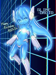 Rule 34 | 1girl, android, blue background, blue eyes, blue hair, blue sclera, blue skin, boots, colored sclera, colored skin, core, crotch plate, curss, fingerless gloves, flat chest, floating hair, full body, gauntlets, gift art, glitch, gloves, highres, long hair, looking at viewer, monster girl, navel, nude, original, parted lips, retro artstyle, robot, robot ears, slime girl, solo, very long hair