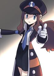 Rule 34 | 1girl, aqua eyes, asamaru1225, black coat, black hat, blue necktie, brown hair, buttons, coat, collared shirt, commentary request, cosplay, creatures (company), dress shirt, game freak, gloves, hat, high collar, highres, hilda (pokemon), ingo (pokemon), ingo (pokemon) (cosplay), long hair, long sleeves, necktie, nintendo, open clothes, open coat, parted lips, peaked cap, pointing, pokemon, pokemon bw, shirt, sidelocks, solo, striped, striped coat, trench coat, white gloves, white shirt