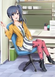 Rule 34 | 10s, 1girl, :d, ankle boots, belt, black footwear, blue eyes, blue hair, blush, book, boots, buckle, chair, collarbone, cubicle, desk, diesel-turbo, dress, imai midori, jacket, leaning back, long hair, long sleeves, looking at viewer, matching hair/eyes, office chair, open mouth, pantyhose, paper, patterned legwear, pen, print pantyhose, red pantyhose, shirobako, shoes, side ponytail, smile, solo, star (symbol), star print, striped clothes, striped dress, swivel chair, vertical-striped clothes, vertical-striped dress