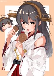 Rule 34 | 1girl, :p, bare shoulders, black hair, brown eyes, detached sleeves, food, hair between eyes, hair ornament, hairclip, haruna (kancolle), haruna kai ni (kancolle), headgear, highres, holding, holding food, ice cream, kantai collection, long hair, looking at viewer, miron (mirona33), nontraditional miko, red skirt, ribbon-trimmed sleeves, ribbon trim, skirt, solo, tongue, tongue out, twitter username, upper body, wide sleeves