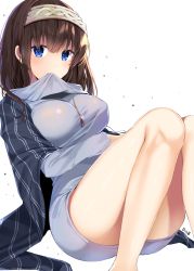 Rule 34 | 1girl, artist name, bad id, bad pixiv id, between breasts, blue eyes, blush, breasts, brown hair, glint, hair between eyes, hairband, idolmaster, idolmaster cinderella girls, jewelry, large breasts, legs, long hair, looking at viewer, mouth hold, necklace, pendant, pinb, sagisawa fumika, shawl, sitting, solo, white background