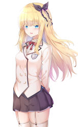 Rule 34 | 10s, 1girl, absurdres, arms behind back, blonde hair, blue eyes, bow, bowtie, buttons, cardigan, colored eyelashes, cowboy shot, double-breasted, garter straps, hair ribbon, highres, juliet persia, kishuku gakkou no juliet, long hair, looking at viewer, pleated skirt, ribbon, school uniform, skirt, smile, solo, sunhyun, thighhighs, white thighhighs