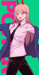 Rule 34 | 1girl, absurdres, black necktie, black pants, blonde hair, blue jacket, chainsaw man, character name, collared shirt, commentary request, cross-shaped pupils, demon horns, green background, hair between eyes, highres, horns, jacket, long hair, looking at viewer, necktie, open clothes, open jacket, open mouth, outstretched arms, pants, power (chainsaw man), red eyes, red horns, sharp teeth, shirt, smile, solo, spread arms, standing, symbol-shaped pupils, teeth, tsukiyo michi, white shirt