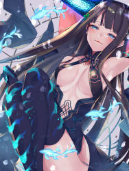 Rule 34 | 1girl, arm up, armpits, bare shoulders, black dress, black gloves, black headwear, black thighhighs, blue eyes, blue fire, blunt bangs, blush, breasts, center opening, crossed legs, dress, elbow gloves, fate/grand order, fate (series), fire, fish, gloves, grey background, hair ornament, highres, knees up, large breasts, leaf hair ornament, long hair, looking at viewer, purple hair, sash, simple background, smile, solo, thighhighs, thighs, togashi (choco-bakama kitchen), very long hair, yang guifei (fate), yang guifei (third ascension) (fate)