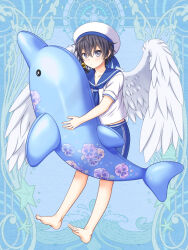 Rule 34 | 1boy, barefoot, black hair, blue background, blue neckerchief, blue sailor collar, blue shorts, braid, dairoku ryouhei, feathered wings, full body, hat, holding, holding toy, inflatable dolphin, inflatable toy, kinusa (tw6), neckerchief, robin vaise, sailor, sailor collar, sailor hat, shirt, short hair, short sleeves, shorts, solo, toy, white shirt, white wings, wings