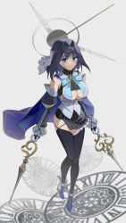 Rule 34 | 1girl, absurdres, bare shoulders, black hair, black shirt, black skirt, black thighhighs, blue eyes, blue footwear, boots, bow, bowtie, breasts, brooch, cleavage, clock hands, detached sleeves, dual wielding, grin, hair intakes, highres, holding, hololive, hololive english, jewelry, juliet sleeves, kiro (kirotayu), large breasts, long sleeves, looking at viewer, miniskirt, no bra, ouro kronii, ouro kronii (1st costume), puffy sleeves, shirt, short hair, side slit, skirt, sleeveless, sleeveless turtleneck, smile, solo, striped clothes, striped skirt, thighhighs, turtleneck, underboob, undershirt, virtual youtuber, white shirt, zettai ryouiki