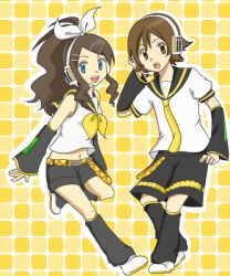 Rule 34 | blue eyes, brown eyes, brown hair, cosplay, creatures (company), detached sleeves, game freak, hair ornament, hairclip, headset, hilbert (pokemon), hilda (pokemon), kagamine len, kagamine len (cosplay), kagamine rin, kagamine rin (cosplay), navel, nintendo, open mouth, pokemon, pokemon bw, ponytail, shorts, sleeves past wrists, smile, vocaloid