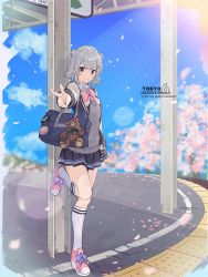 Rule 34 | 1girl, absurdres, badge, bag, blue skirt, blue sky, bow, bowtie, character doll, cherry blossoms, commentary, company name, double bun, falling petals, full body, grey hair, grey sweater, hair bun, highres, i-beam, jacket, kneehighs, koharu rikka, lakiston, leaning on object, leg up, logo, looking at viewer, miniskirt, outstretched arm, petals, pink bow, pink bowtie, pink footwear, ribbed sweater, scenery, shoes, short hair, shoulder bag, skirt, sky, smile, sneakers, socks, sparkle, stuffed animal, stuffed toy, sweater, tactile paving, teddy bear, teshima nari, train station, tree, v, v-shaped eyebrows, voiceroid