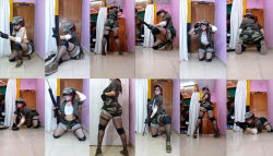 Rule 34 | 1boy, absurdres, all fours, androgynous, ass, ass focus, breasts, brown hair, cosplay, curvy, darkwaifutrap, fio germi, fio germi (cosplay), glasses, gloves, gun, handgun, highres, holding, holding weapon, huge ass, kneeling, large breasts, long hair, looking back, looking to the side, metal slug, military, military uniform, multiple views, navel, photo (medium), pistol, ponytail, shorts, sitting, snk, trap, uniform, weapon, wide hips