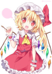 Rule 34 | 1girl, absurdres, ascot, blonde hair, blush, eyebrows, flandre scarlet, hair between eyes, hat, hat ribbon, head tilt, highres, kyouda suzuka, long hair, looking at viewer, mob cap, open mouth, puffy short sleeves, puffy sleeves, red eyes, red skirt, ribbon, short sleeves, side ponytail, simple background, skirt, skirt set, solo, teeth, touhou, twitter username, vest, white background, white hat, wings, wrist cuffs