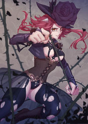 Rule 34 | 1girl, black flower, black nails, black panties, black rose, breasts, clothing cutout, corset, dress, evil smile, flower, gown, hat, izayoi aki, looking at viewer, nail polish, panties, pantyhose, parted lips, petals, plant, red eyes, red hair, rose, rose petals, short hair, skyfiss, smile, solo, thighhighs, thorns, torn clothes, torn legwear, underboob, underboob cutout, underwear, vine whip, vines, yu-gi-oh!, yu-gi-oh! 5d&#039;s