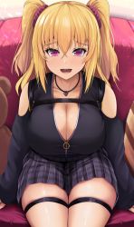 Rule 34 | 1girl, bare shoulders, blonde hair, blush, breasts, cleavage, collarbone, crossed bangs, hair ornament, hair scrunchie, heart, heart necklace, highres, jewelry, kanzaki kureha, large breasts, long hair, looking at viewer, necklace, open mouth, original, plaid, plaid skirt, purple eyes, scrunchie, sitting, skirt, smile, solo, strap, stuffed animal, stuffed toy, teddy bear, thigh strap, twintails
