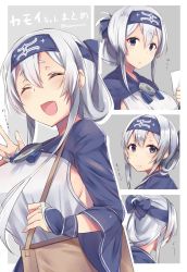 Rule 34 | 10s, 1girl, :t, ^ ^, ^o^, ainu clothes, blue eyes, breasts, closed eyes, closed eyes, folded ponytail, hair between eyes, headband, holding, holding paper, kamoi (kancolle), kantai collection, large breasts, long hair, multiple views, paper, smile, translation request, twitter username, white hair, zhi zhi/zu zu