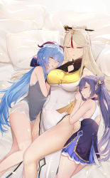 Rule 34 | 3girls, absurdres, ahoge, artist request, bare legs, bare shoulders, blue hair, bow, breasts, china dress, chinese clothes, closed eyes, dress, ganyu (genshin impact), genshin impact, hair bow, hair ornament, hairpin, highres, horns, keqing (genshin impact), large breasts, legs, leotard, long hair, lying, multiple girls, ningguang (genshin impact), on back, on side, open mouth, pillow, platinum blonde hair, purple hair, see-through, shiny clothes, shiny skin, sleeping, twintails, very long hair