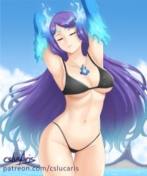 Rule 34 | 1girl, armpits, bikini, black bikini, breasts, brighid (xenoblade), cleavage, closed eyes, collarbone, cslucaris, day, fire, gloves, head tilt, highleg, highleg bikini, large breasts, long hair, micro bikini, mountainous horizon, navel, nintendo, outdoors, parted lips, purple hair, simple background, smile, solo, standing, swept bangs, swimsuit, thighs, very long hair, water, xenoblade chronicles (series), xenoblade chronicles 2