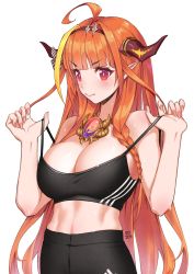 Rule 34 | absurdres, adidas, ahoge, black leggings, black sports bra, blonde hair, bow, breasts, cleavage, dragon girl, dragon horns, highres, hololive, horns, kiryu coco, large breasts, leggings, long hair, looking at viewer, multicolored hair, orange hair, pointy ears, red eyes, rojen, simple background, solo, sports bra, strap pull, streaked hair, striped, striped bow, v-shaped eyebrows, virtual youtuber, white background