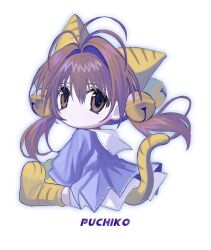 Rule 34 | 1girl, animal ears, antenna hair, bell, blue dress, brown eyes, brown hair, cat ears, cat tail, character name, chibi, di gi charat, dot mouth, dress, expressionless, hair between eyes, highres, jingle bell, looking at viewer, low twintails, medium hair, pepeppepe101, puchiko, simple background, sitting, solo, tail, twintails, white background