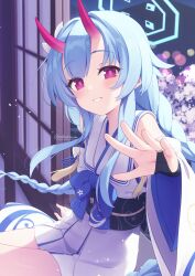 Rule 34 | 1girl, absurdres, blue archive, blue hair, blue halo, blush, braid, bridal gauntlets, chise (blue archive), grin, halo, highres, horns, japanese clothes, kimono, long hair, long sleeves, looking at viewer, oni horns, red eyes, red horns, shouji, sliding doors, smile, solo, tokoshibyra, twin braids, twitter username, white kimono, wide sleeves