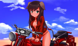 Rule 34 | 1girl, a9b (louis814), animal ears, breasts, brown hair, cleavage, covered erect nipples, dog ears, federica n. doglio, green eyes, long hair, looking at viewer, motor vehicle, motorcycle, open clothes, open shirt, panties, shirt, smile, solo, strike witches, strike witches: kurenai no majo-tachi, underwear, vehicle, world witches series