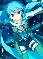 Rule 34 | &gt;:), &gt;:3, 10s, 1girl, :3, anti-materiel rifle, blue eyes, blue hair, bolt action, breasts, cleavage, gun, hair ornament, hairclip, looking at viewer, matching hair/eyes, outstretched arms, pgm hecate ii, revision, rifle, scarf, short hair, short hair with long locks, sinon, small breasts, sniper rifle, solo, spread arms, sword art online, v-shaped eyebrows, weapon, yashiro seika