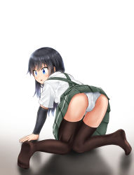 Rule 34 | 1girl, all fours, arm warmers, asashio (kancolle), black hair, black thighhighs, blue eyes, comiching, commentary request, from behind, gradient background, highres, kantai collection, long hair, panties, pantyshot, school uniform, shirt, short sleeves, skirt, solo, suspender skirt, suspenders, thighhighs, underwear, white background, white panties, white shirt