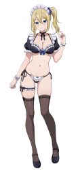 1girl absurdres bikini black_footwear black_nails black_thighhighs blonde_hair blue_eyes blue_nails breasts bridal_garter choker cleavage full_body hair_between_eyes hair_ornament hayasaka_ai highres kaguya-sama_wa_kokurasetai_~tensai-tachi_no_renai_zunousen~ long_hair looking_at_viewer maid maid_bikini maid_headdress medium_breasts nail_polish navel puffy_short_sleeves puffy_sleeves ribbon_choker scrunchie shiny_skin short_sleeves side-tie_bikini_bottom side_ponytail solo swimsuit thighhighs unconventional_maid vodka13 white_background wrist_cuffs