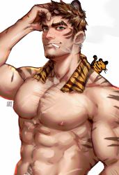Rule 34 | 1boy, abs, bara, body hair, chest hair, facial hair, greenteaa, hairy, highres, large pectorals, male focus, mature male, muscular, muscular male, navel hair, original, pectorals, spiked hair, stubble, thick eyebrows, topless male