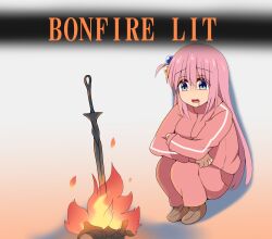 Rule 34 | 1girl, blue eyes, bocchi the rock!, bonfire, bonfire (dark souls), brown footwear, burning, commentary request, crossed arms, cube hair ornament, dark souls (series), drooling, english text, fire, gotoh hitori, hair between eyes, hair ornament, highres, jacket, knees up, long hair, long sleeves, one side up, open mouth, pants, parody, pink hair, pink jacket, pink pants, shoes, sitting, solo, suwaneko, sword, track jacket, track pants, weapon