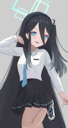 Rule 34 | 1girl, absurdres, aris (blue archive), black hair, blue archive, blue eyes, collared shirt, grey background, hairband, halo, highres, kumare yuki, long hair, long sleeves, looking at viewer, necktie, one side up, open mouth, pleated skirt, shirt, shoes, skirt, smile, sneakers, solo, standing, standing on one leg, very long hair