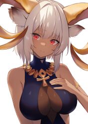 Rule 34 | 1girl, absurdres, animal ears, arknights, bare shoulders, black one-piece swimsuit, breasts, carnelian (arknights), carnelian (shimmering dew) (arknights), cleavage, curled horns, dark-skinned female, dark skin, goat ears, goat girl, goat horns, hand on own chest, highres, horns, jewelry, large breasts, looking at viewer, necklace, official alternate costume, one-piece swimsuit, red eyes, see-through, short hair, simple background, smile, solo, swimsuit, upper body, white background, white hair, worimehl