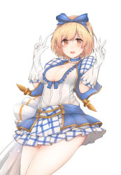 Rule 34 | 10s, 1girl, bad id, bad pixiv id, blonde hair, blue ribbon, blush, breasts, brown eyes, checkered clothes, checkered skirt, cleavage, collar, djeeta (granblue fantasy), double v, frilled collar, frills, gloves, granblue fantasy, hair ribbon, hands up, highres, kimi to boku no mirai, linez, looking at viewer, open mouth, plaid, plaid skirt, pleated skirt, puffy short sleeves, puffy sleeves, ribbon, short sleeves, showgirl skirt, simple background, skirt, solo, superstar (granblue fantasy), v, white background, white gloves, white skirt