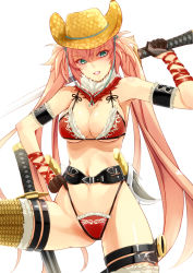 Rule 34 | 1girl, aqua eyes, armband, bare shoulders, bikini, breasts, cleavage, cowboy hat, cowboy western, female focus, fur trim, gloves, hand on own hip, hat, highleg, highleg bikini, highleg swimsuit, hip focus, kagura (oneechanbara), katana, knife, large breasts, leg up, legs, long hair, md5 mismatch, navel, oneechanbara, pink hair, prime, red bikini, resolution mismatch, ribbon, scabbard, sheath, simple background, solo, source larger, stampede string, swimsuit, sword, thigh strap, thighhighs, thighs, twintails, underboob, very long hair, weapon, yellow thighhighs