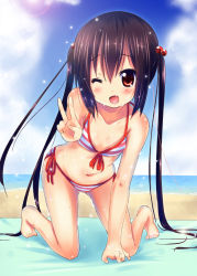 Rule 34 | 1girl, ;d, arm support, bad id, bad pixiv id, barefoot, beach, bent over, bikini, black hair, blush, collarbone, day, hair bobbles, hair ornament, highres, k-on!, kneeling, kurou (quadruple zero), long hair, looking at viewer, nakano azusa, navel, ocean, one eye closed, open mouth, outdoors, red eyes, revision, side-tie bikini bottom, smile, solo, striped bikini, striped clothes, sunlight, swimsuit, twintails, v, water, wink