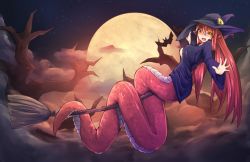 Rule 34 | 1girl, :d, bare tree, bat (animal), breasts, broom, broom riding, cloud, commentary, full body, full moon, hair between eyes, halloween, hand on headwear, hat, jewelry, lamia, long hair, looking at viewer, medium breasts, miia (monster musume), monster girl, monster musume no iru nichijou, moon, nanostar, night, night sky, open mouth, outstretched arm, pointy ears, red hair, ring, robe, scales, sky, smile, solo, tail, tail wrap, tree, very long hair, wedding band, wide sleeves, witch hat, yellow eyes