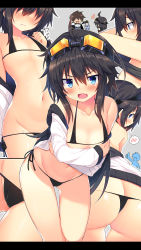 Rule 34 | 1boy, 1girl, ahoge, alternate costume, ass, bare shoulders, bikini, bikini under clothes, blue eyes, blush, breasts, cameltoe, chiri (atlanta), closed mouth, collarbone, commentary request, fang, from behind, gluteal fold, goggles, goggles on head, hair between eyes, highres, jacket, kanon (sennen sensou aigis), long hair, long sleeves, looking at viewer, micro bikini, multiple views, navel, open clothes, open mouth, sennen sensou aigis, side-tie bikini bottom, sidelocks, simple background, small breasts, standing, sweat, sweatdrop, swimsuit, swimsuit under clothes, thighs, undressing