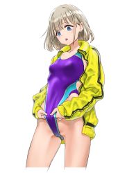 Rule 34 | 1girl, blue eyes, blush, breasts, clothes pull, commentary request, competition swimsuit, dokiyuri, frontal wedgie, grey hair, highleg, highleg swimsuit, idolmaster, idolmaster shiny colors, jacket, long sleeves, looking down, one-piece swimsuit, one-piece swimsuit pull, open clothes, open jacket, open mouth, purple one-piece swimsuit, serizawa asahi, short hair, simple background, small breasts, solo, standing, swimsuit, swimsuit under clothes, track jacket, wedgie, white background