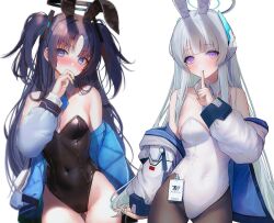 Rule 34 | 2girls, @ @, alternate costume, animal ears, bare shoulders, black leotard, black pantyhose, blue archive, blue eyes, blue necktie, blunt bangs, blush, breasts, closed mouth, collar, covered navel, cowboy shot, detached collar, fake animal ears, finger to mouth, hair intakes, halo, hanato (seonoaiko), hand up, headgear, highleg, highleg leotard, highres, id card, index finger raised, jacket, large breasts, leotard, long hair, long sleeves, looking at viewer, mechanical halo, medium breasts, multiple girls, necktie, nervous sweating, noa (blue archive), off shoulder, pantyhose, parted bangs, playboy bunny, puffy long sleeves, puffy sleeves, purple eyes, purple hair, rabbit ears, short necktie, short twintails, shushing, simple background, smile, strapless, strapless leotard, sweat, thick thighs, thigh gap, thighhighs, thighs, twintails, v-shaped eyebrows, white background, white collar, white hair, white halo, white jacket, white leotard, white thighhighs, wrist cuffs, yuuka (blue archive)