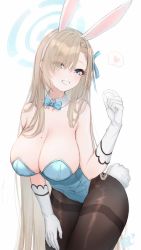 Rule 34 | 1girl, :d, absurdres, animal ears, asuna (blue archive), asuna (bunny) (blue archive), bare shoulders, black pantyhose, blonde hair, blue archive, blue bow, blue bowtie, blue eyes, blue leotard, bow, bowtie, breasts, cleavage, covered navel, cowboy shot, detached collar, elbow gloves, fake animal ears, fake tail, gloves, grin, hair over one eye, hairband, halo, hand up, heart, highres, large breasts, leaning forward, leotard, long hair, looking at viewer, mole, mole on breast, open mouth, pantyhose, playboy bunny, rabbit ears, rabbit tail, simple background, smile, solo, speech bubble, spoken heart, strapless, strapless leotard, tail, teeth, thighband pantyhose, traditional bowtie, very long hair, white background, white gloves, white hairband, xing