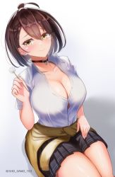 Rule 34 | 1girl, absurdres, ahoge, azur lane, baltimore (after-school ace) (azur lane), baltimore (azur lane), beige cardigan, black choker, black skirt, blush, braid, breasts, brown hair, cardigan, cardigan around waist, choker, cleavage, closed mouth, clothes around waist, collarbone, collared shirt, cowboy shot, french braid, hair between eyes, highres, holding, large breasts, looking at viewer, mimikaki, official alternate costume, partially unbuttoned, pleated skirt, sano sho, school uniform, shadow, shirt, shirt tucked in, short hair, short sleeves, sidelocks, simple background, sitting, skirt, smile, solo, twitter username, white background, white shirt, yellow eyes