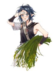 Rule 34 | 1boy, arknights, arm up, armpits, bare shoulders, black shirt, blue eyes, blush, chinese commentary, commentary request, earrings, grey hair, hand on own forehead, highres, holding, holding plant, japanese clothes, jewelry, looking at viewer, male focus, messy hair, open mouth, plant, pointy ears, sheaf, shirt, short hair, simple background, sketch, sleeveless, sleeveless shirt, solo, standing, sweat, wa tian (jtym4), wheat, white background, wiping sweat, zuo le (arknights)