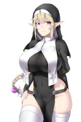 Rule 34 | 1girl, blonde hair, braid, braided ponytail, breasts, commentary request, covered navel, cowboy shot, elf, habit, hair between eyes, highres, large breasts, long hair, long sleeves, looking at viewer, no panties, nun, original, pointy ears, purple eyes, simple background, solo, sweat, thighhighs, white background, xiangzi box, zipper