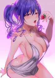 Rule 34 | 1girl, absurdres, ass, azur lane, backless dress, backless outfit, bare shoulders, blue hair, blue nails, blush, breasts, butt crack, cleavage, covered erect nipples, dress, earrings, food, fruit, hair between eyes, hair ornament, hairclip, halter dress, halterneck, highres, holding, holding food, jewelry, large breasts, looking at viewer, medium hair, nail polish, necklace, open mouth, pink eyes, plunging neckline, revealing clothes, side ponytail, sidelocks, silver dress, sitting, st. louis (azur lane), st. louis (luxurious wheels) (azur lane), strawberry, teltelhousi, twitter username