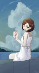 Rule 34 | 1girl, :d, arm support, artist name, bare shoulders, blue sky, blush, bob cut, breasts, brown eyes, brown hair, can, cloud, commentary, cumulonimbus cloud, day, dress, dress ribbon, drink, drink can, eizouken ni wa te wo dasu na!, from behind, gradient sky, hair over shoulder, highres, holding, holding can, holding drink, inverted bob, lake, light blush, looking at viewer, looking back, mizusaki tsubame, mountainous horizon, open mouth, outdoors, ribbon, romaji commentary, sayuri 44444, shaft look, short dress, short hair, signature, sitting, sky, sleeveless, sleeveless dress, small breasts, smile, soda can, sundress, swept bangs, thick eyebrows, water, white dress, white ribbon, yellow sky