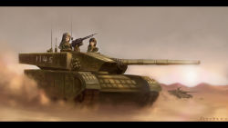 Rule 34 | 2girls, absurdres, artist name, black hair, breasts, brown eyes, camouflage, camouflage shirt, caterpillar tracks, cloud, cloudy sky, commentary request, dust cloud, gun, highres, letterboxed, long hair, looking to the side, machine gun, military, military uniform, military vehicle, motor vehicle, mountain, multiple girls, original, people&#039;s liberation army, shirt, sky, star (symbol), sunset, tank, type 99 tank, uniform, weapon, youotaku
