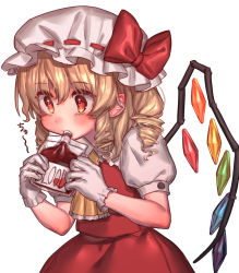 Rule 34 | 1girl, ascot, blonde hair, blood, blood bag, blush, bow, commentary request, cowboy shot, crystal, drill hair, drill sidelocks, drinking, flandre scarlet, frilled shirt collar, frills, gloves, hair between eyes, hat, hat bow, highres, holding, masanaga (tsukasa), mob cap, one side up, pointy ears, puffy short sleeves, puffy sleeves, red bow, red eyes, red skirt, red vest, shirt, short hair, short sleeves, sidelocks, simple background, skirt, skirt set, solo, touhou, translation request, vest, white background, white gloves, white hat, white shirt, wings, yellow ascot