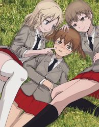 Rule 34 | 3girls, alisa (girls und panzer), black socks, blonde hair, blue eyes, blush, brown eyes, brown hair, commentary request, emblem, girls und panzer, grass, hand on another&#039;s chin, hand on another&#039;s head, hands on own stomach, implied yuri, kay (girls und panzer), leon kame, long sleeves, lying, miniskirt, multiple girls, naomi (girls und panzer), on back, petting, red skirt, saunders (emblem), saunders school uniform, school uniform, short hair, short twintails, skirt, socks, sweat, thighhighs, twintails, very short hair, white socks, yuri