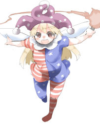 Rule 34 | 1girl, american flag dress, american flag legwear, blonde hair, blush, breasts, clownpiece, dress, fairy wings, happy, hat, jester cap, long hair, neck ruff, open mouth, outstretched arms, pantyhose, red eyes, ryu3224, short dress, short sleeves, small breasts, solo, torch, touhou, wings