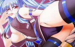 Rule 34 | 1girl, blue hair, blush, breasts, cameltoe, cleavage, cleft of venus, highres, large breasts, long hair, lyrical nanoha, mahou shoujo lyrical nanoha, mahou shoujo lyrical nanoha a&#039;s, mahou shoujo lyrical nanoha a&#039;s portable: the battle of aces, levi the slasher, aged up, red eyes, solo, tappa (esperanza), thighhighs, twintails