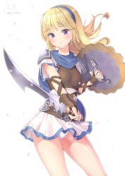 Rule 34 | 1girl, armor, belt, blonde hair, blue hairband, blue scarf, breasts, closed mouth, commentary request, cowboy shot, dress, fingerless gloves, gloves, hairband, holding, holding shield, holding sword, holding weapon, la campanella, long hair, looking at viewer, medium breasts, panties, pantyshot, petals, pointing sword, purple hair, scarf, shield, shoulder armor, simple background, solo, standing, sword, tree of savior, underwear, weapon, white background, white dress, white panties